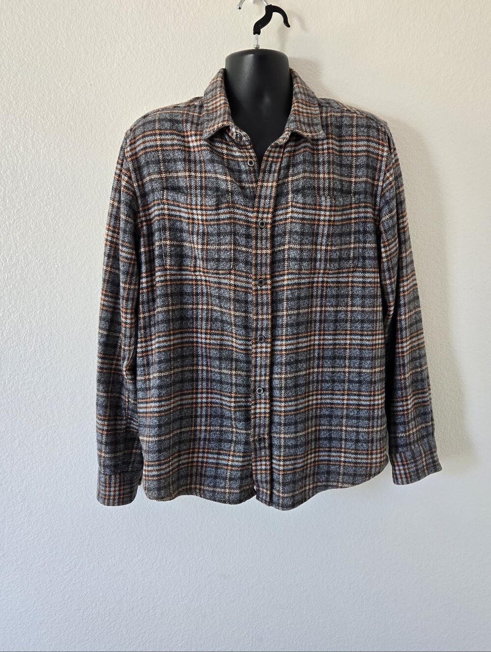 prAna Brayden Mens Heavy Flannel Shirt in Medium Aspen Blue Orange Plaid Cotton